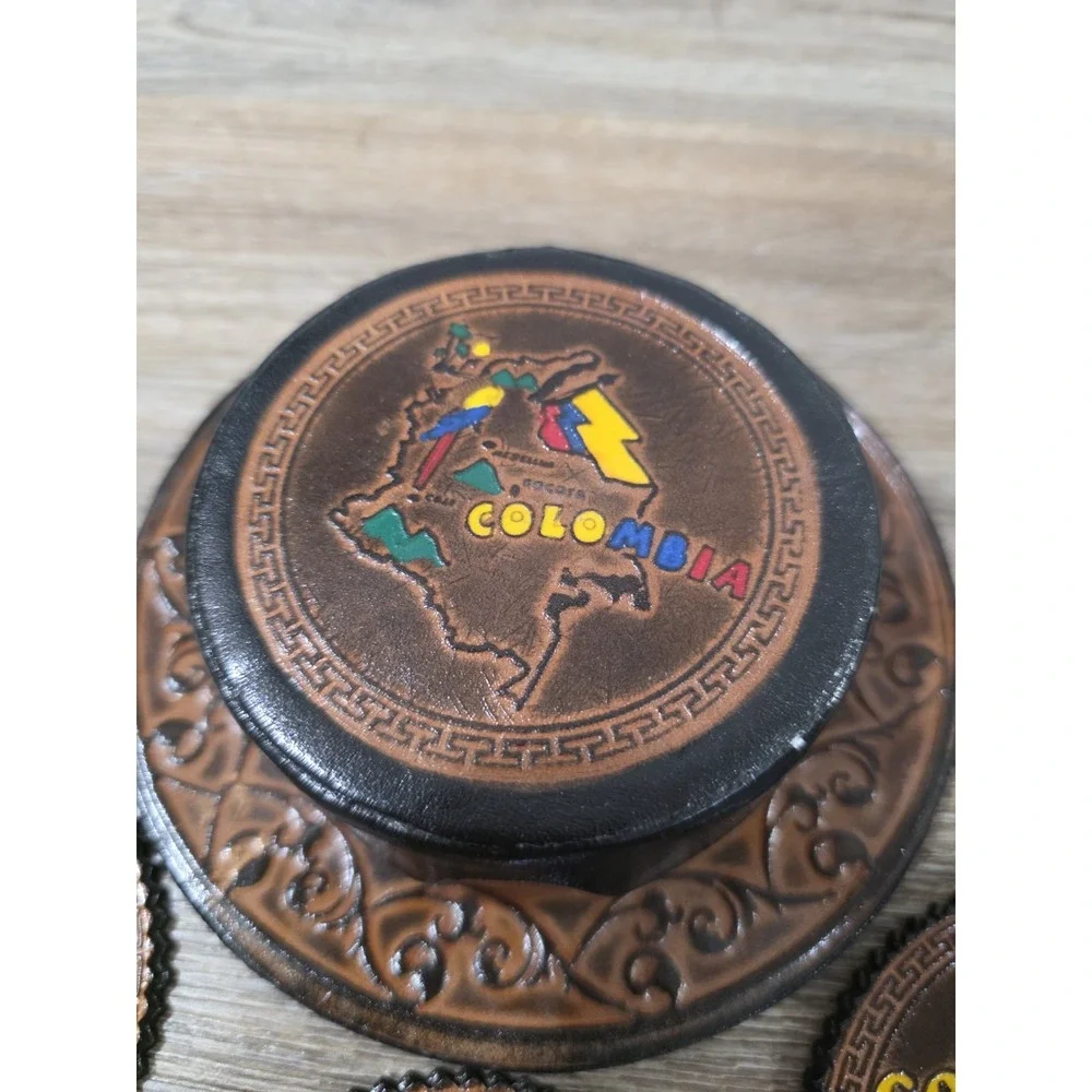 Lot Of 6 Hand Tooled Leather Coasters W/Holder Columbia- Excellent Condition!